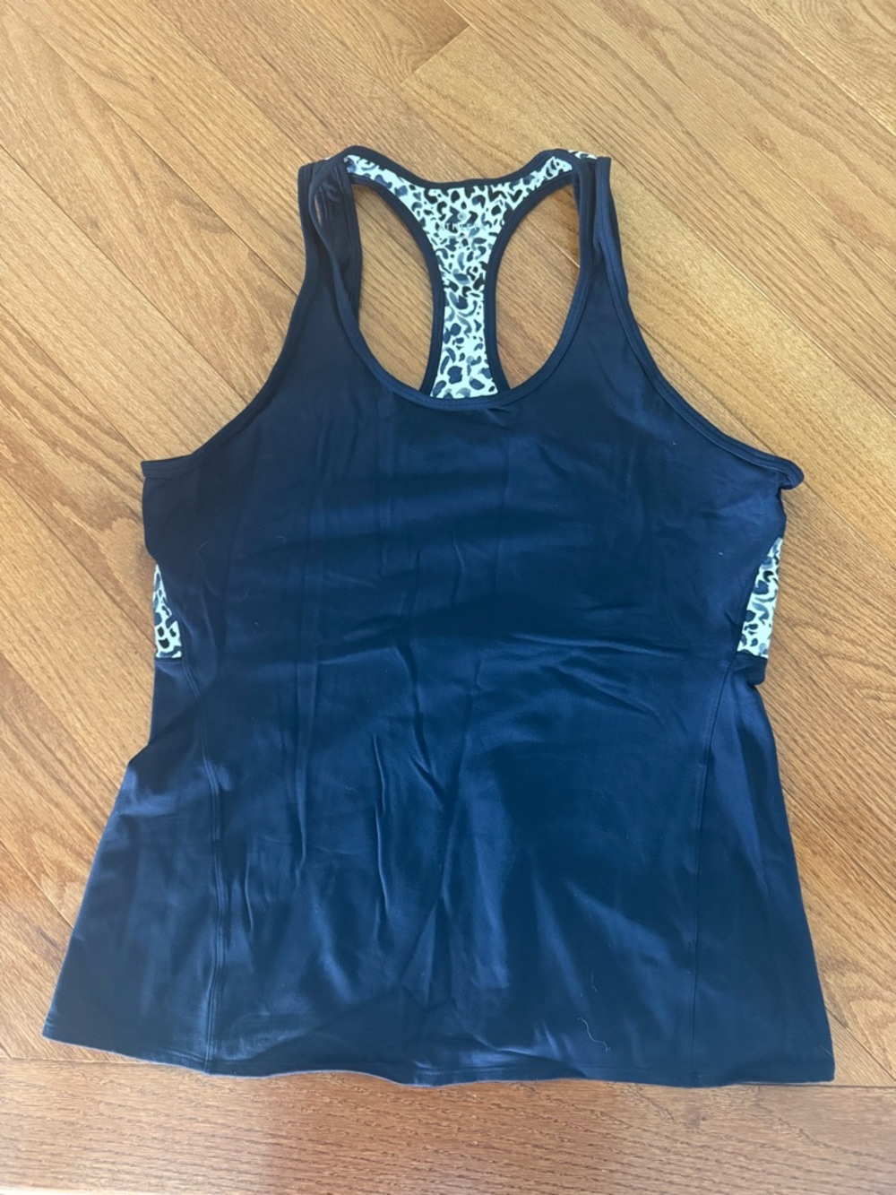 Athleta Black Racerback Tank with Leopard-Print Trim
